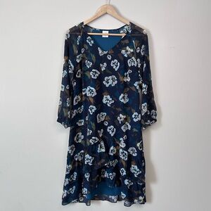 CAbi Pirouette Floating Flowers Navy Floral Long Sleeve Mini Dress Size Medium